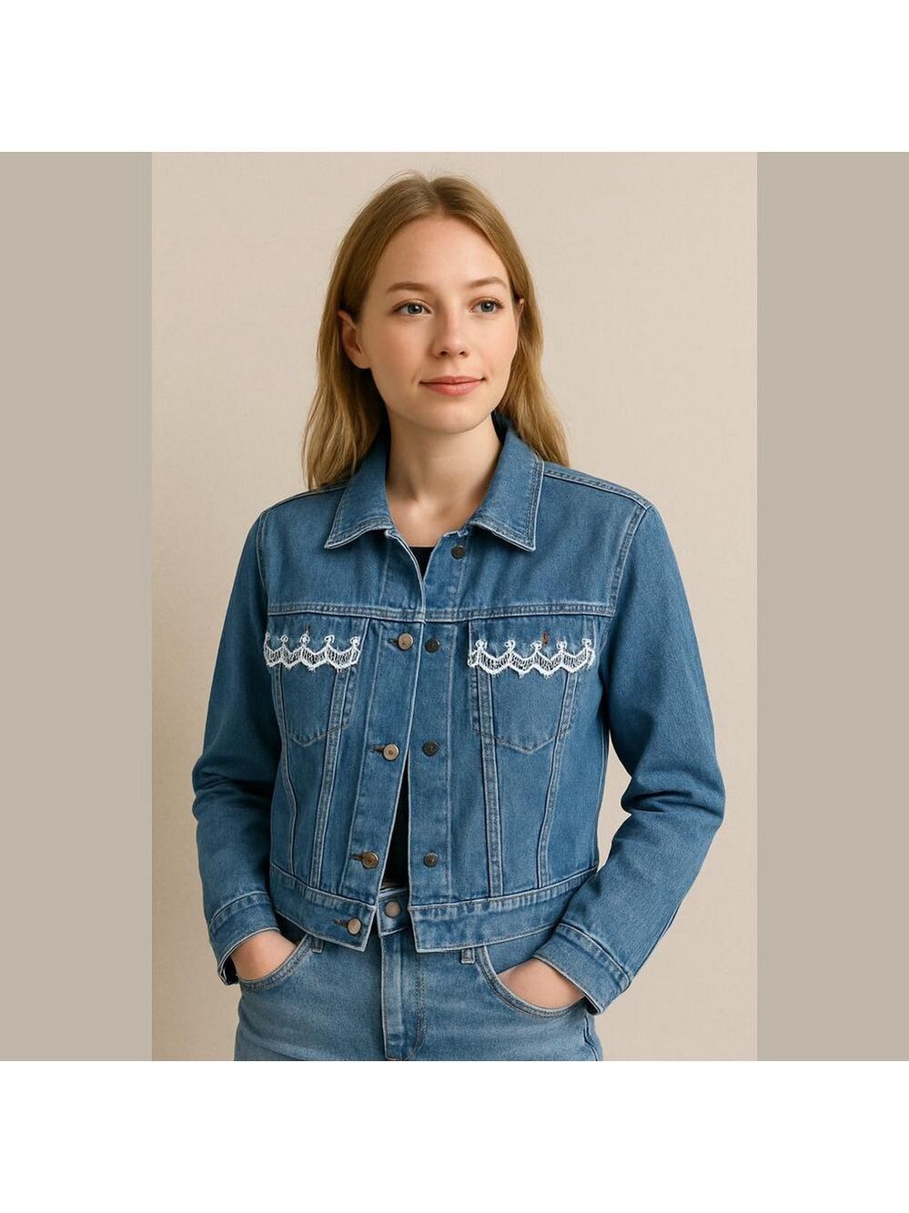 Vintage cropped Jean Jacket embroidered lace โข SWITCH jacket denim cottagecore